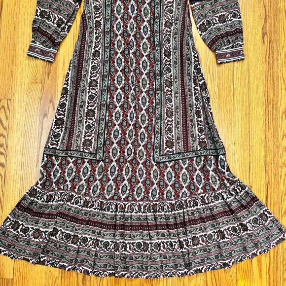NEW Frye Boho Cottage brown paisley V-neck long sleeve pleated retro maxi dress - Picture 14 of 16